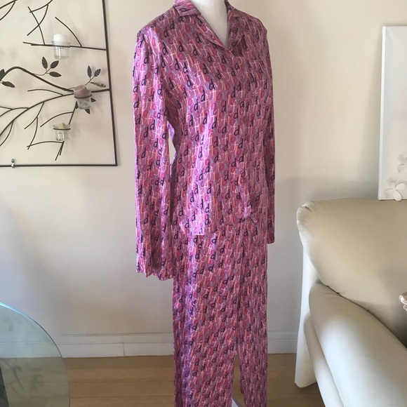 Vintage Diane Von Furstenberg Pink Silk DVF Logo Print Luxe Pajamas Size Medium - Picture 2 of 8